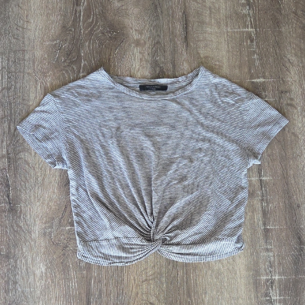 AllSaints Carme Twist Knot Front Stripe Cropped T-Shirt Gray White